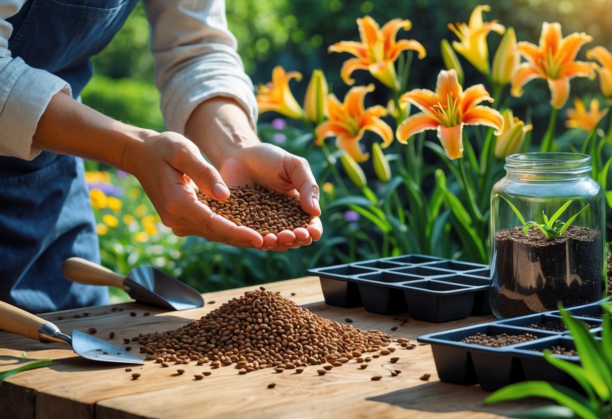 Hands preparing daylily seeds for planting on a wooden table with gardening tools and blooming daylily plants in the background.