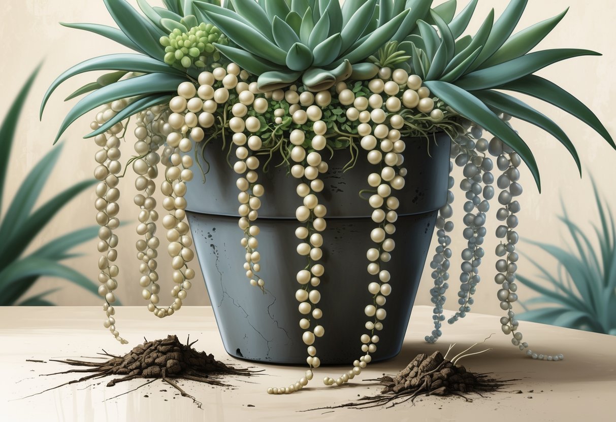 A String of Pearls succulent plant with some beads shriveled and dry, showing signs of needing more humidity.