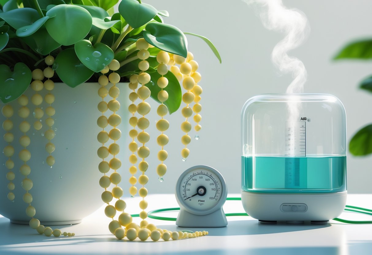 A close-up of a healthy String of Pearls plant surrounded by gentle mist and a small hygrometer showing optimal humidity.