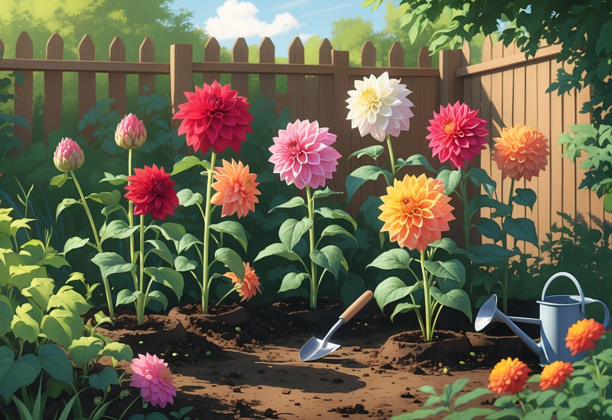 A garden scene showing several dahlia plants in different growth stages with colorful flowers, green leaves, and gardening tools nearby.