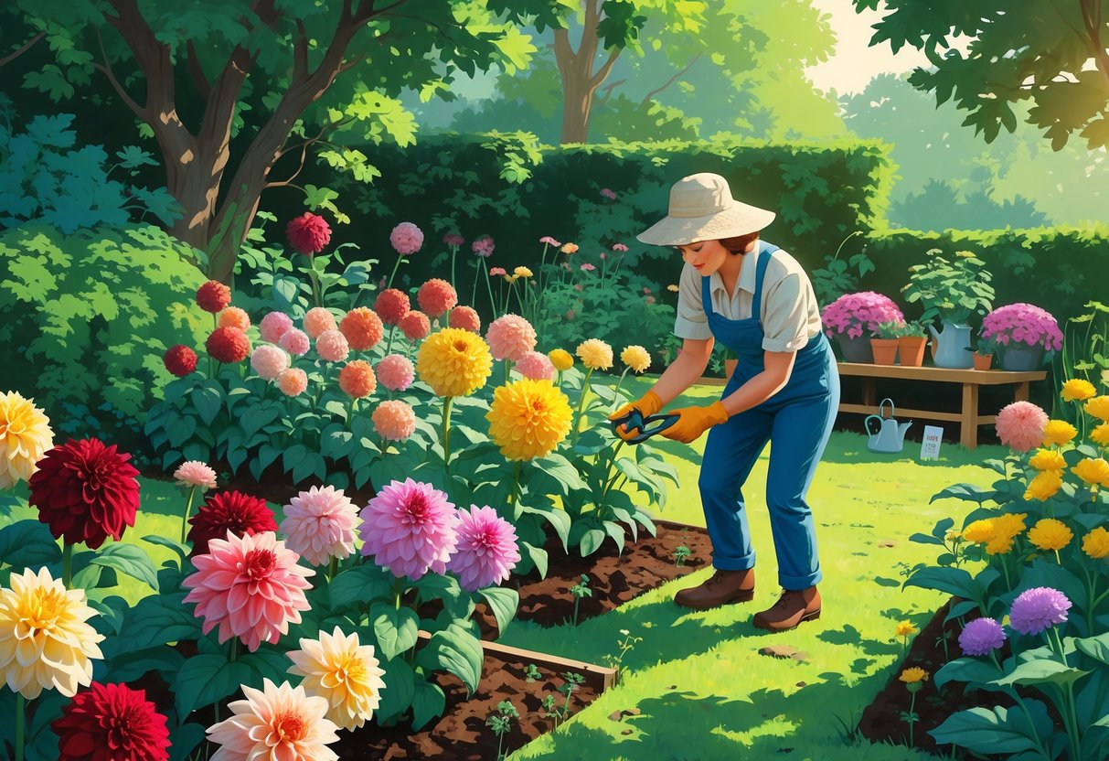 A gardener wearing a sun hat examines colorful dahlia flowers in a lush garden surrounded by gardening tools and green plants.