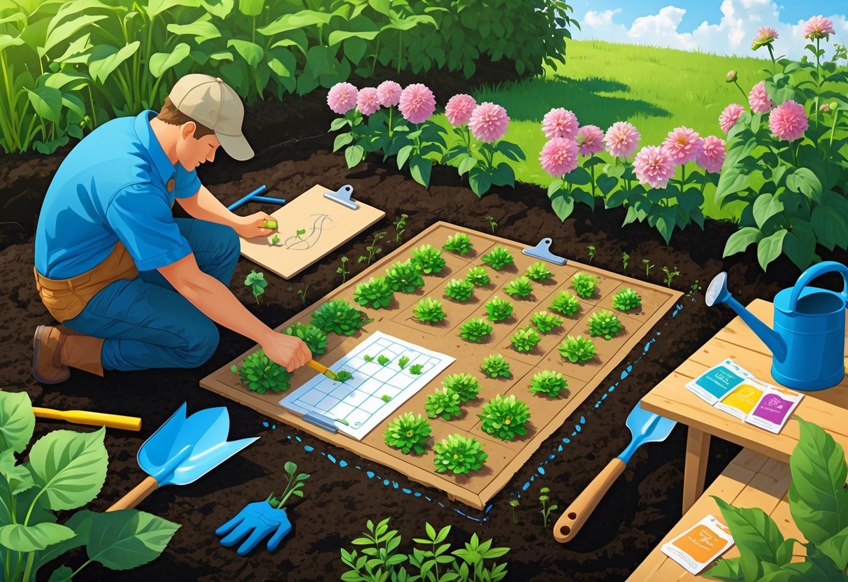 A gardener preparing a garden bed with soil and tools, planning where to plant dahlia tubers.