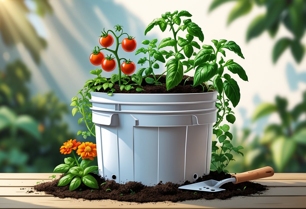 A 5-gallon bucket filled with soil and growing various plants including tomatoes, basil, and flowers, placed on a wooden surface in a garden setting.
