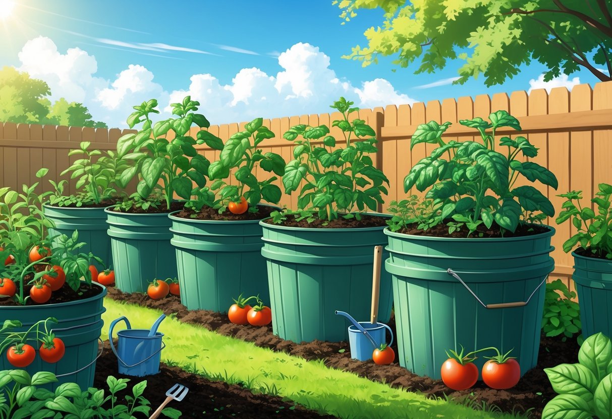 Several 5 gallon buckets filled with soil and healthy plants growing outdoors in a garden setting.
