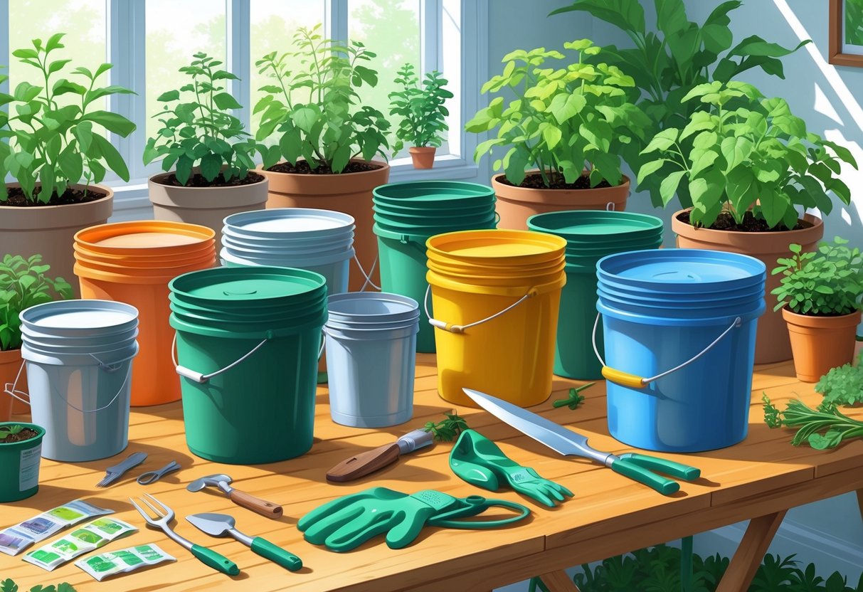 A variety of 5-gallon buckets and gardening tools arranged on a table with plants growing in buckets in the background.