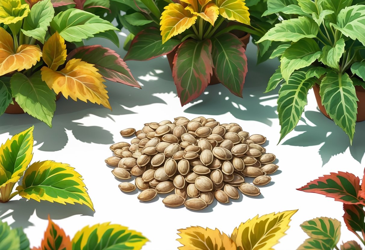 Close-up of small sun coleus seeds surrounded by colorful sun coleus leaves and plants.