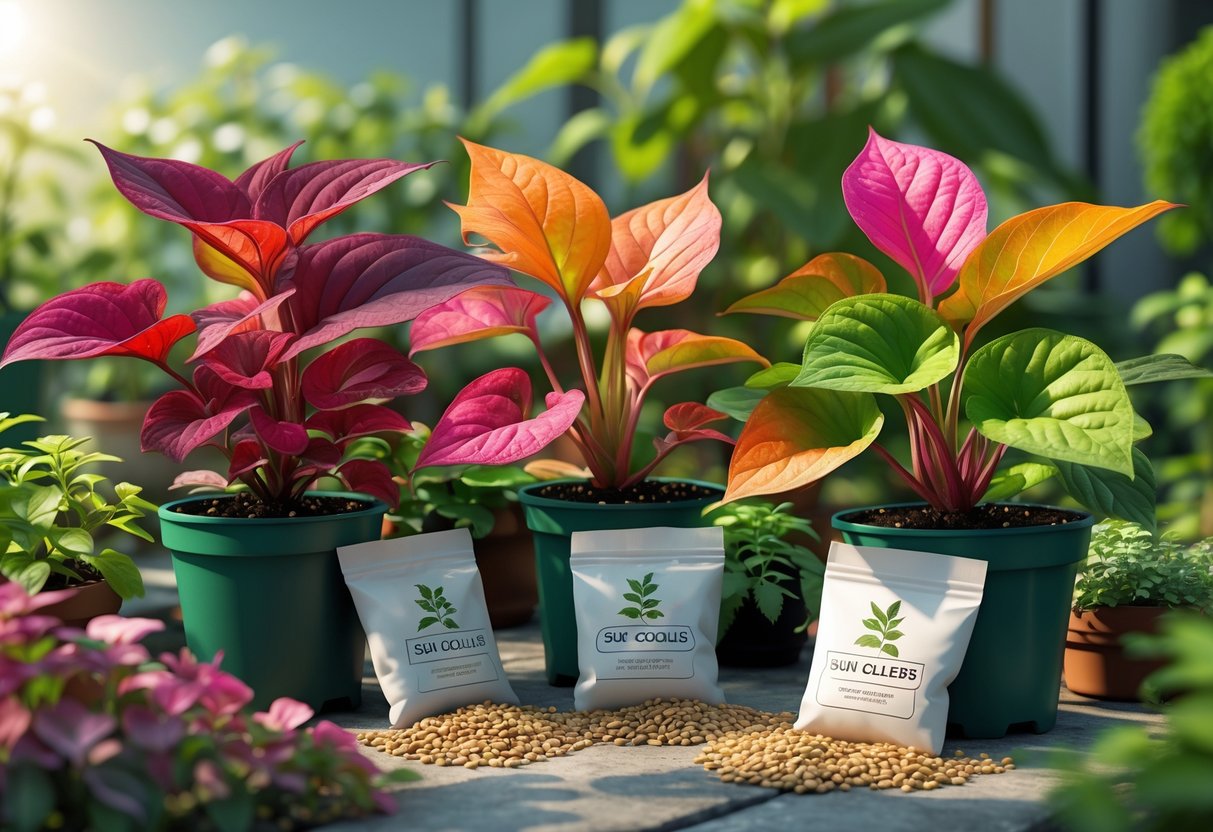 A garden scene showing colorful sun coleus plants with various leaf patterns and small piles of seeds beside seed packets.