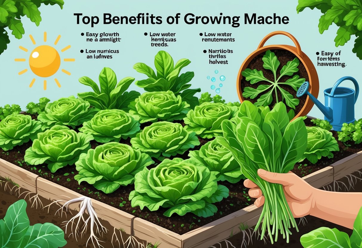A garden bed filled with healthy green mache plants surrounded by symbols of sunlight, watering, harvesting, and rich soil.