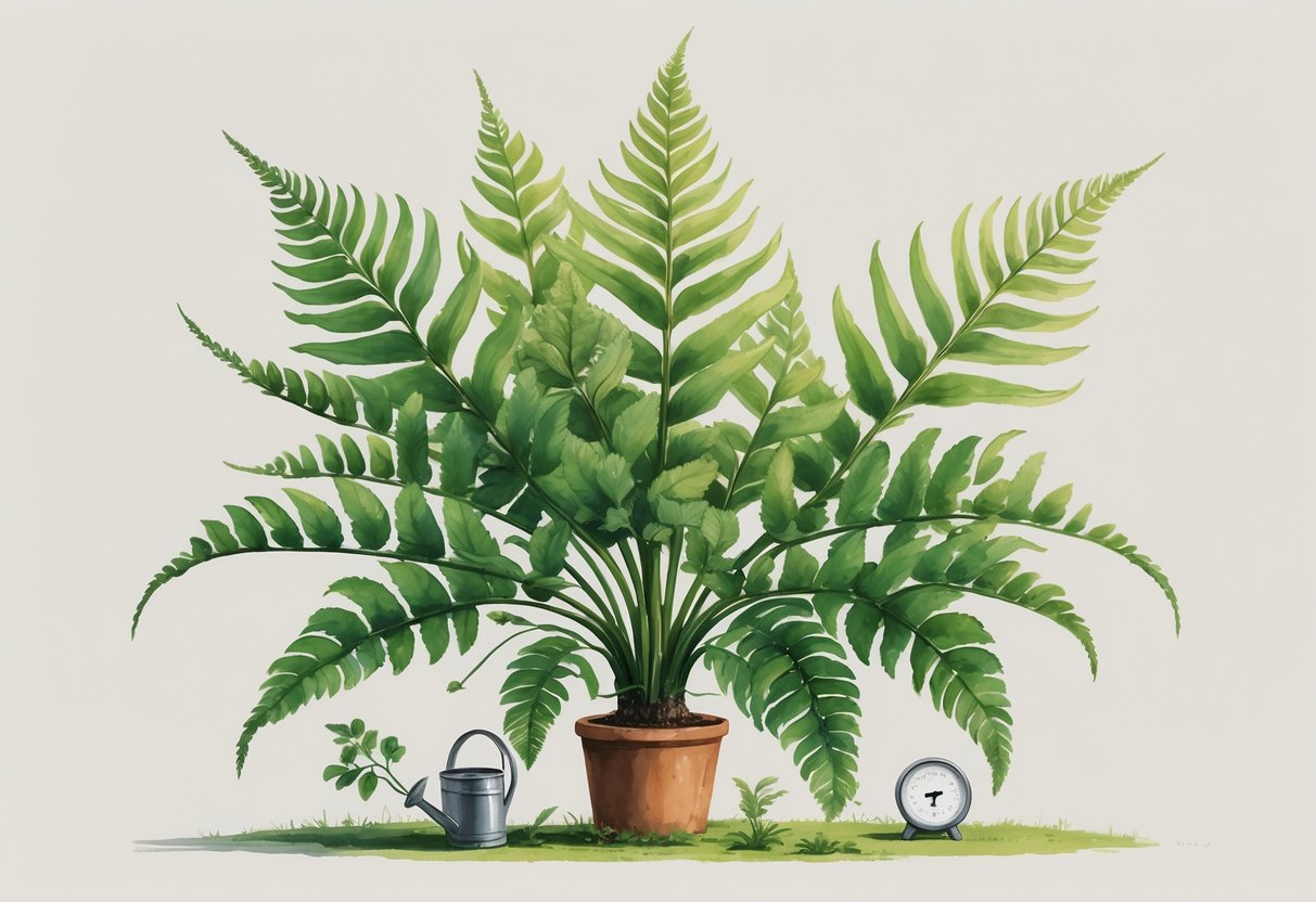 A detailed illustration of a staghorn fern showing its antler-like leaves and shield fronds with plant care items nearby.