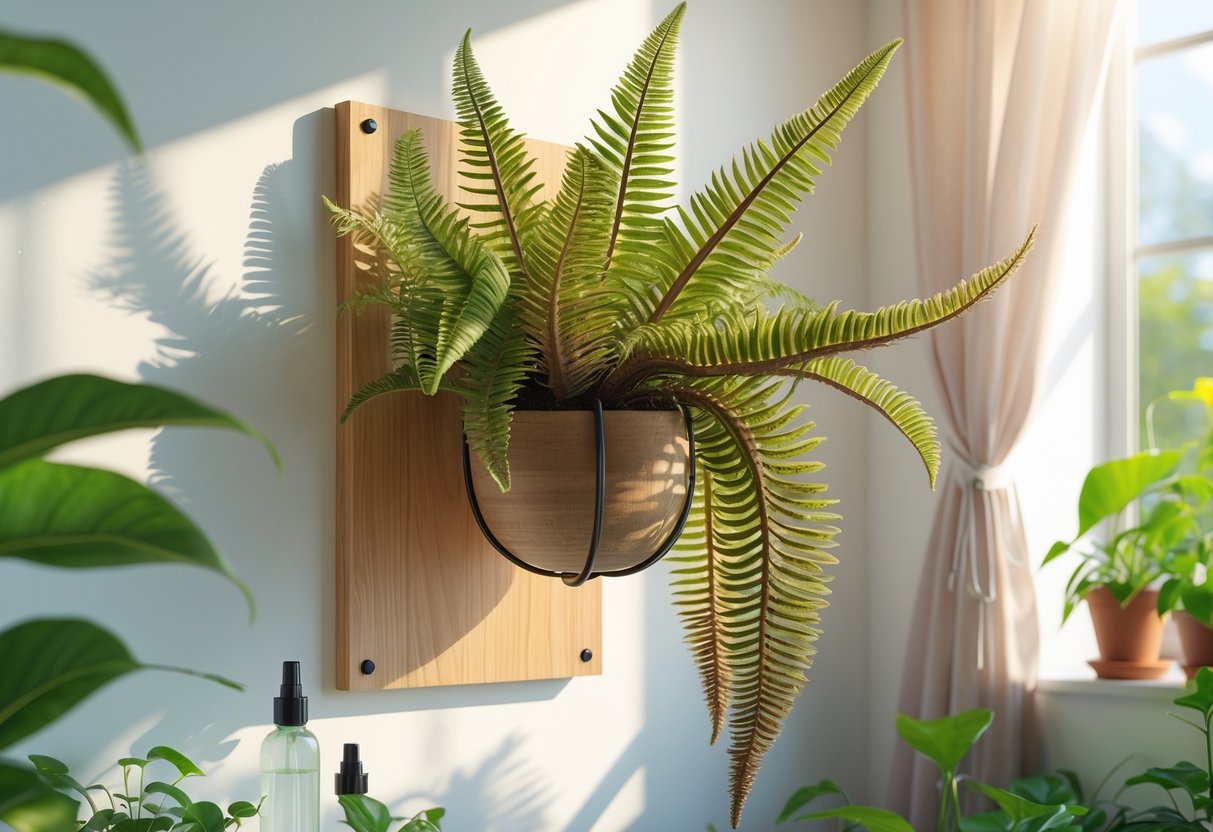 A staghorn fern mounted on a wooden plaque on a wall near a window with soft sunlight and a misting spray bottle nearby.