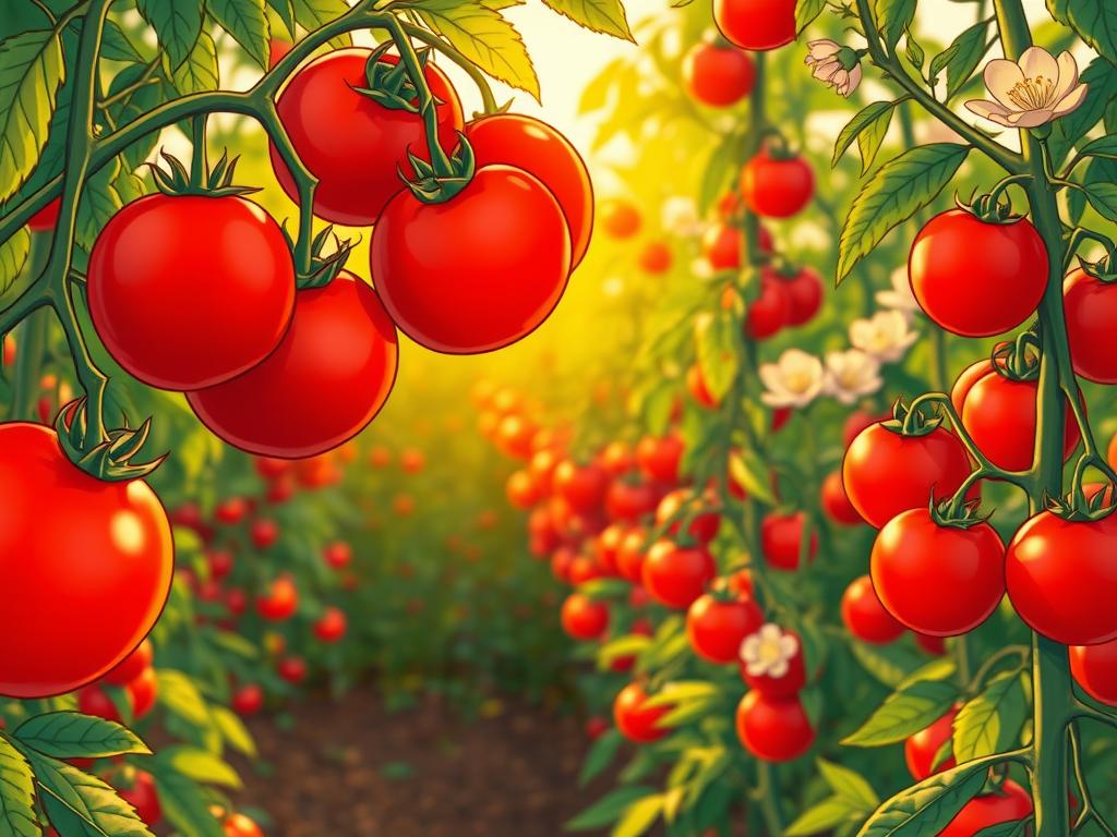 A bountiful determinate tomato harvest, illuminated by warm, golden sunlight filtering through lush foliage. In the foreground, ripe, ruby-red tomatoes hang heavy on the vines, their glistening skins beckoning to be plucked. The middle ground showcases the compact, determinately-growing plants, their sturdy stems and neat, orderly branches a testament to their efficient growth habit. In the background, a backdrop of verdant leaves and blossoms adds depth and vibrancy to the scene. The composition captures the quintessential features of a determinate tomato garden - the abundant, synchronized fruit production, the tidy, space-saving plant structure, and the overall sense of a thriving, well-balanced ecosystem.
