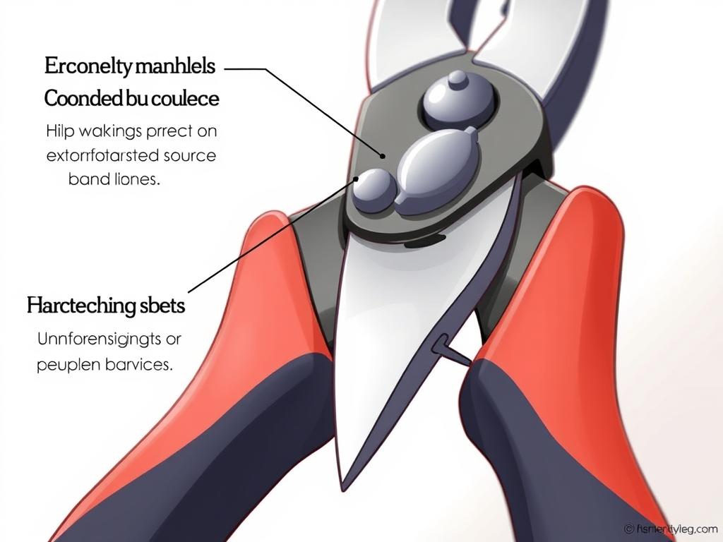 A close-up, macro view of the ergonomic features of a high-quality ratchet pruning shears. The foreground showcases the gracefully curved, rubberized handles designed for a comfortable, secure grip. The middle ground highlights the precision-engineered, stainless steel blades with a distinctive serrated edge. The background subtly hints at the pruner's sturdy construction, with a glimpse of the interlocking mechanism that provides the signature ratcheting action. Soft, diffused lighting casts gentle shadows, emphasizing the pruner's functional elegance. The overall scene conveys the pruner's thoughtful design, engineered to provide effortless cutting power and reduce hand fatigue for dedicated gardeners.