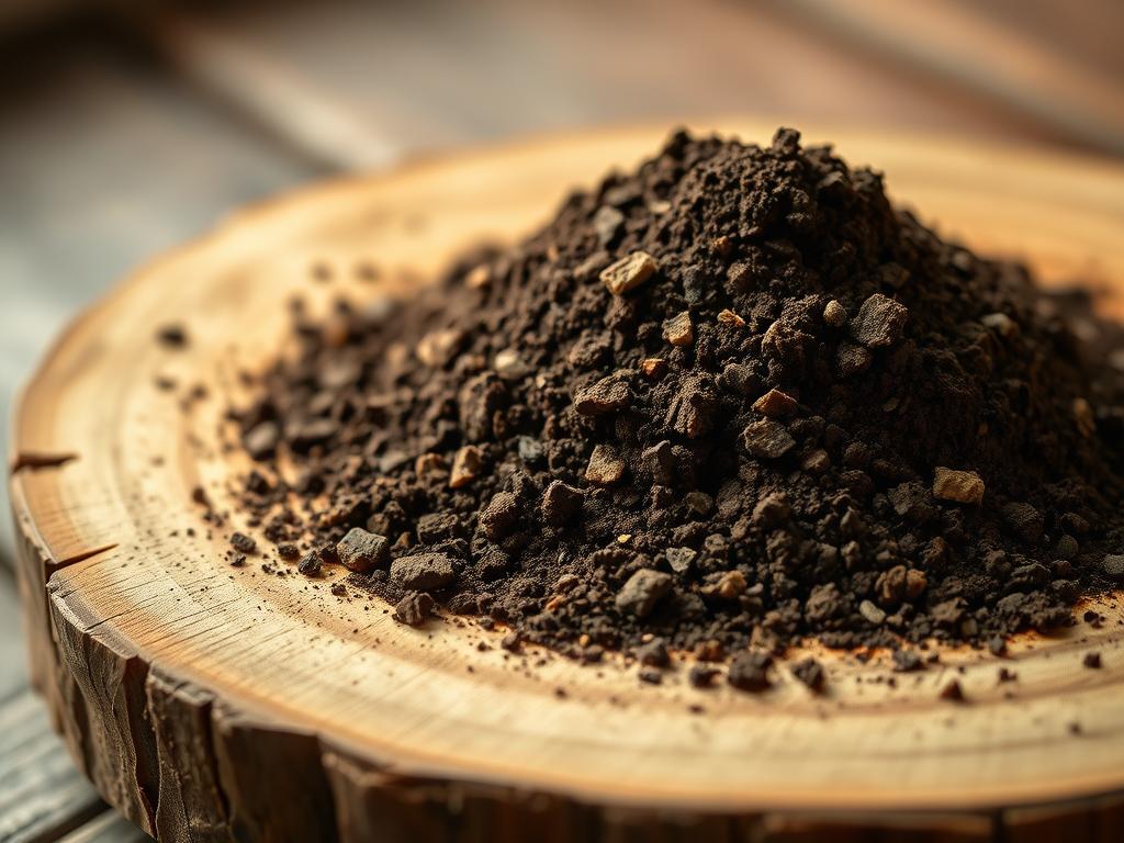 A close-up shot of a rich, loamy soil mix for houseplants, arranged neatly on a wooden surface. The soil has a dark, nutrient-dense texture, with visible bits of organic matter and perlite or vermiculite mixed in. The lighting is soft and diffused, creating a warm, earthy atmosphere. The composition is balanced, with the soil occupying the center of the frame, and the wooden surface providing a natural, rustic backdrop. The image conveys a sense of care and attention to detail, reflecting the importance of selecting the right soil for healthy, thriving houseplants.