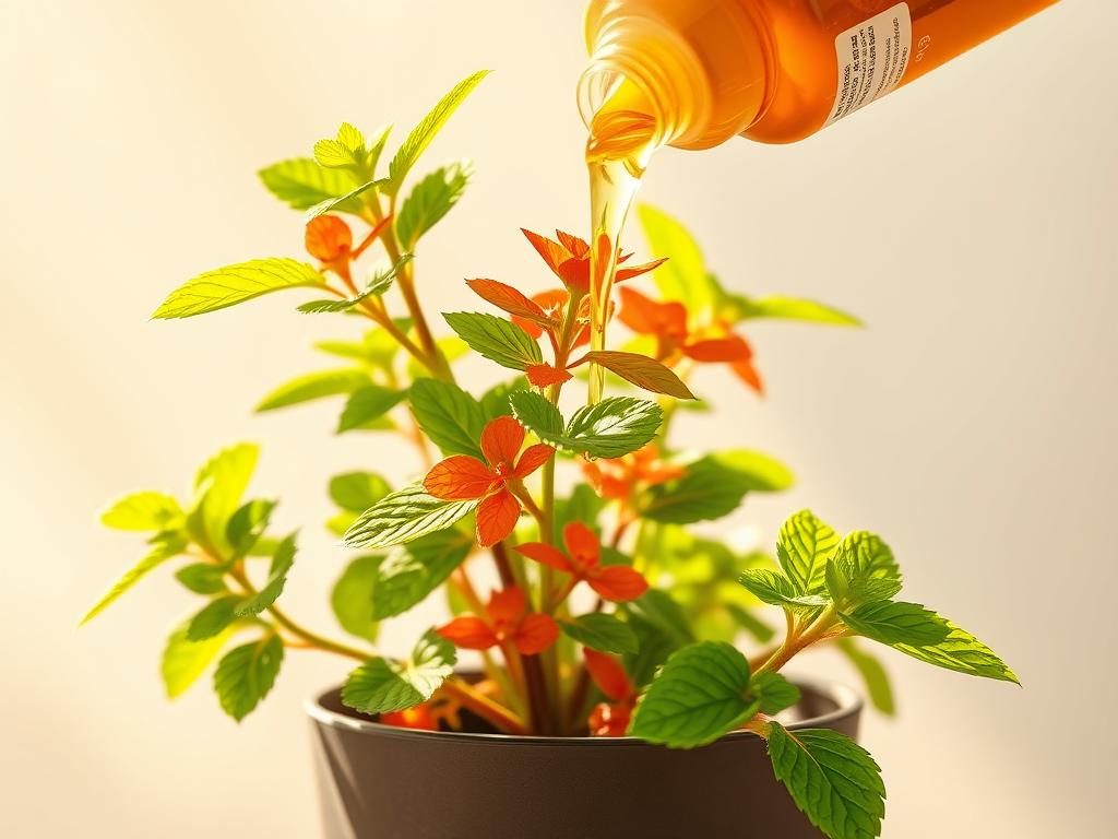 A close-up shot of a thriving orange mint plant being carefully fed with a balanced liquid fertilizer. The plant's lush, vibrant foliage is illuminated by soft, natural lighting, casting delicate shadows across the scene. The foreground features the plant's stem and leaves, the middle ground showcases the pot and soil, while the background subtly blurs into a soothing, neutral tone. The composition emphasizes the act of nourishing the plant, conveying a sense of nurturing and the importance of providing the right nutrients for its optimal growth and health.