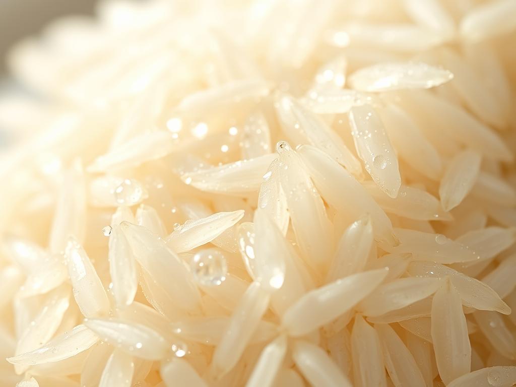 A close-up, vibrant close-up of rice grains and water droplets, backlit by soft, natural lighting. The grains are glistening and transparent, accentuating their delicate texture. The water droplets sparkle like jewels, hinting at the hydrating properties of the rice water. The background is slightly blurred, emphasizing the focus on the rice and water. The overall mood is one of purity, radiance, and the nourishing benefits of this traditional Korean skincare ingredient.
