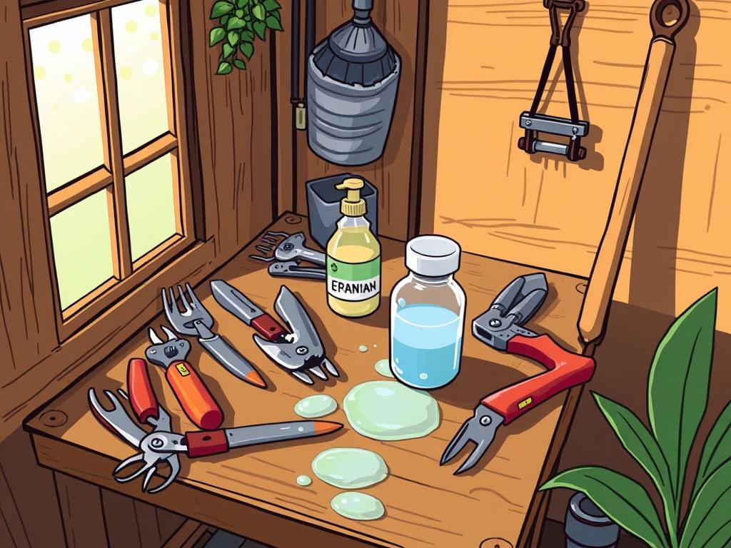 A close-up view of a garden shed interior, with various gardening tools neatly arranged on a wooden workbench. The tools, including pruners, trowels, and a small hand cultivator, are being carefully cleaned and sterilized with a natural disinfectant solution. Soft, diffused natural light filters in through a window, casting a warm glow over the scene. The atmosphere is one of focused, methodical preparation, conveying the importance of maintaining clean, well-cared-for tools for the upcoming canna bulb division process.