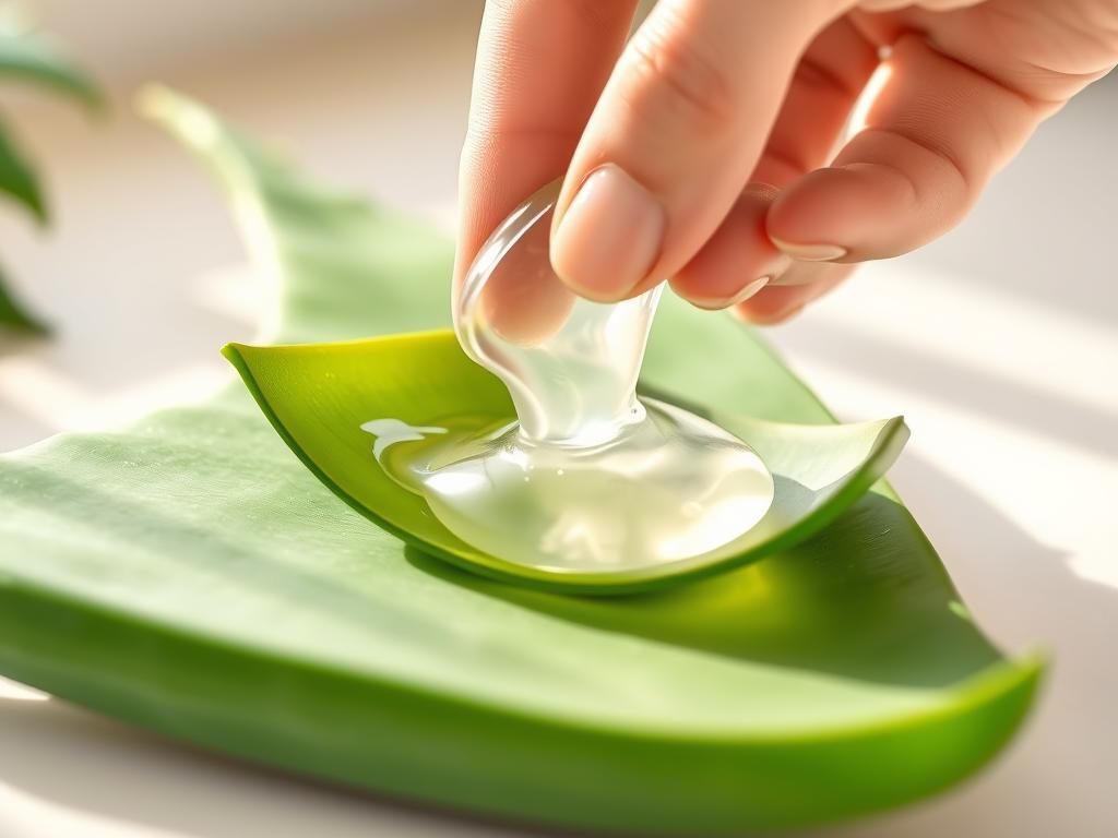 A close-up view of a hand carefully extracting the clear, jelly-like aloe vera gel from a large, green tiger aloe leaf. The aloe leaf is resting on a white surface, with a soft, natural lighting illuminating the scene. The background is blurred, keeping the focus on the foreground action. The texture of the aloe leaf and the viscosity of the gel are rendered in fine detail, showcasing the natural, skin-nourishing properties of this botanical ingredient. The overall mood is calm, inviting, and emphasizes the gentle, therapeutic nature of the skin care process.