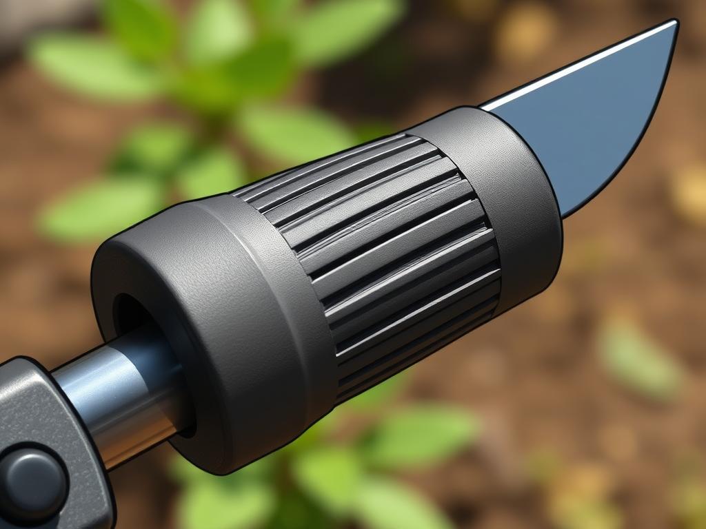 A close-up view of an ergonomic garden tool grip, showcasing its thoughtful design. The grip is made of a soft, rubberized material that contours to the natural shape of the hand, providing a comfortable and secure hold. The texture features subtle grooves and ridges that enhance the user's tactile feedback and grip strength. The grip is mounted on a sturdy metal shaft, with a matte finish that reduces glare in bright sunlight. The overall composition highlights the tool's blend of form and function, emphasizing how its ergonomic design can unlock the full potential of ratchet pruning shears for gardeners.