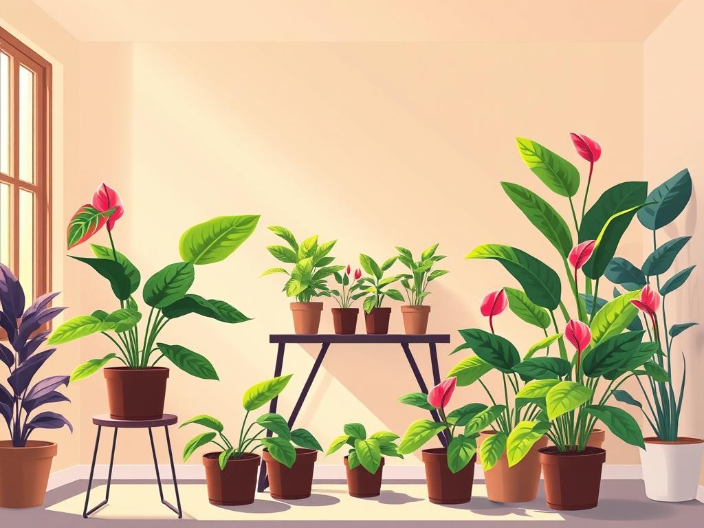 A cozy indoor plant studio with natural light streaming through large windows, casting a warm, earthy glow over a carefully curated arrangement of lush, thriving anthurium plants. In the foreground, a sleek, minimalist plant stand holds several potted anthuriums, their vibrant leaves and spathes gently swaying in a gentle breeze. The middle ground features a stylish, angular plant shelf with additional anthurium specimens, each one seemingly reaching towards the soft, diffused daylight. In the background, a neutral-toned wall provides a clean, uncluttered backdrop, allowing the plants to take center stage. The overall scene exudes a sense of tranquility and harmony, perfectly capturing the essence of an optimal light and airflow setup for indoor anthurium cultivation.