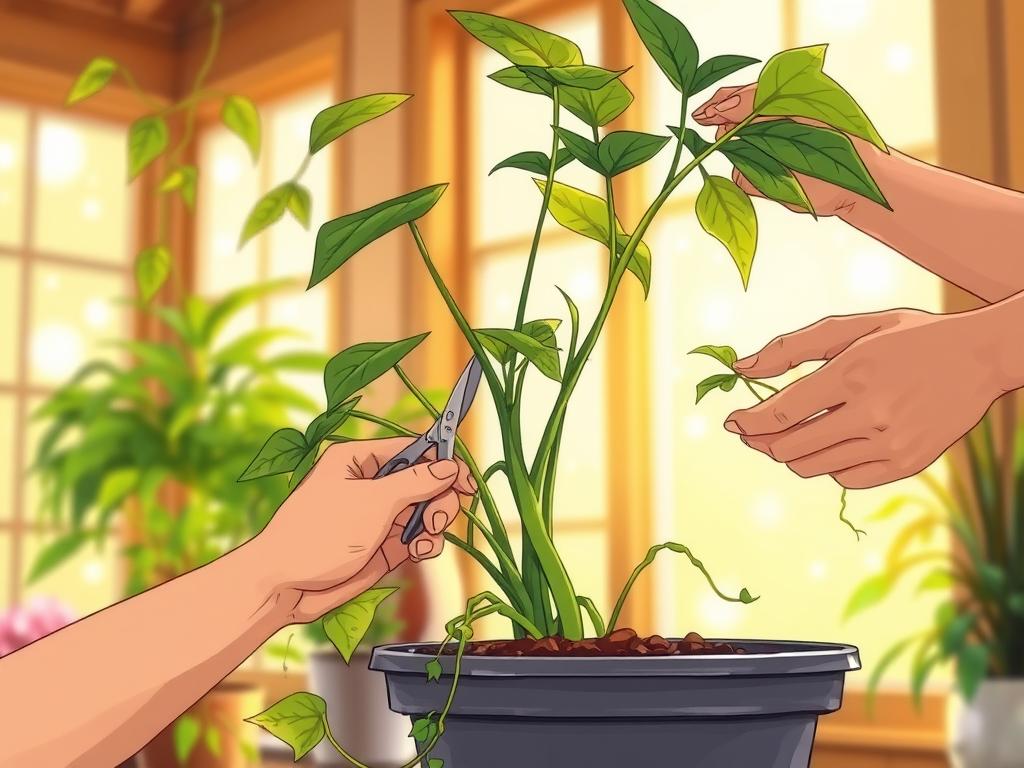 A cozy indoor setting with an arrowhead plant taking center stage. Bright, natural lighting filtering through large windows, casting a warm glow. In the foreground, a hand delicately pruning the plant, carefully snipping away dead or damaged leaves. Behind, a second hand gently guides a stem into a propagation container, filled with moist soil. The background is blurred, showcasing the plant's lush, verdant foliage and trailing vines. A serene, tranquil atmosphere, highlighting the intricate techniques of plant maintenance and propagation.