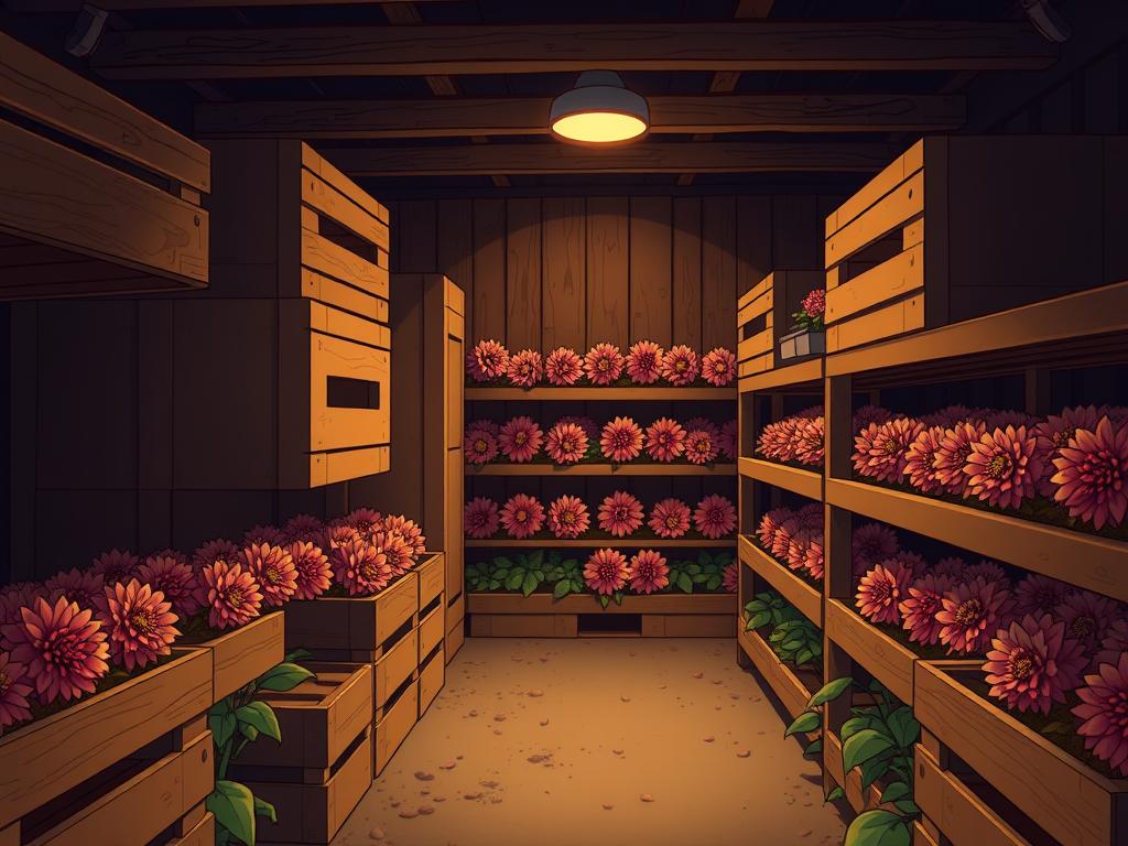 A dimly lit, cozy storage space filled with wooden crates and shelves, housing rows of dahlia tubers nestled in a peat moss-based medium. Soft, warm lighting casts a gentle glow, creating an atmosphere of careful preservation. The air is slightly cool and dry, maintaining the ideal temperature and humidity for long-term tuber storage. The camera captures the scene from a low angle, emphasizing the orderly, functional nature of this specialized environment designed to protect the precious dahlia tubers over the winter months.