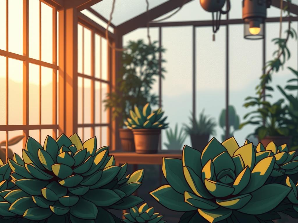 A dimly lit greenhouse interior, with lush succulent rosettes in the foreground. Soft, warm lighting filters through the glass, casting gentle shadows. In the middle ground, a potted succulent arrangement sits on a wooden shelf, its leaves gently undulating. The background is hazy, with the outlines of additional plant life visible. The composition emphasizes the delicate, almost ethereal nature of low-light succulent care, conveying a sense of tranquility and nurturing.