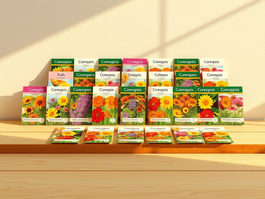 A high-resolution, beautifully lit photograph of an array of coreopsis seed packets displayed on a clean, minimalist wooden surface. The packets feature vivid, colorful designs showcasing the different varieties of coreopsis seeds. The scene is bathed in warm, natural lighting, casting gentle shadows and highlighting the textural details of the packets. The composition is clean and symmetrical, with the seed packets arranged in an orderly grid pattern. The background is a neutral, uncluttered space, allowing the seed packets to be the sole focus of the image. The overall mood is one of quality, simplicity, and an invitation to explore the versatile world of coreopsis seeds.