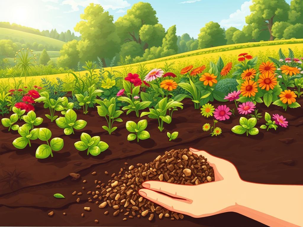 A lush garden bed filled with vibrant, thriving plants, surrounded by a rich, dark brown soil. In the foreground, a handful of mushroom compost is being gently incorporated into the earth, its earthy aroma and nutrient-dense properties evident. The middle ground showcases the robust growth of vegetables, herbs, and flowers, their leaves and petals shimmering in the soft, diffused lighting. In the background, a verdant landscape with towering trees and a clear, blue sky, conveying a sense of harmony and abundance. The scene emanates the benefits of using mushroom compost to enrich and nourish the garden soil, promoting healthy plant growth and a thriving ecosystem.