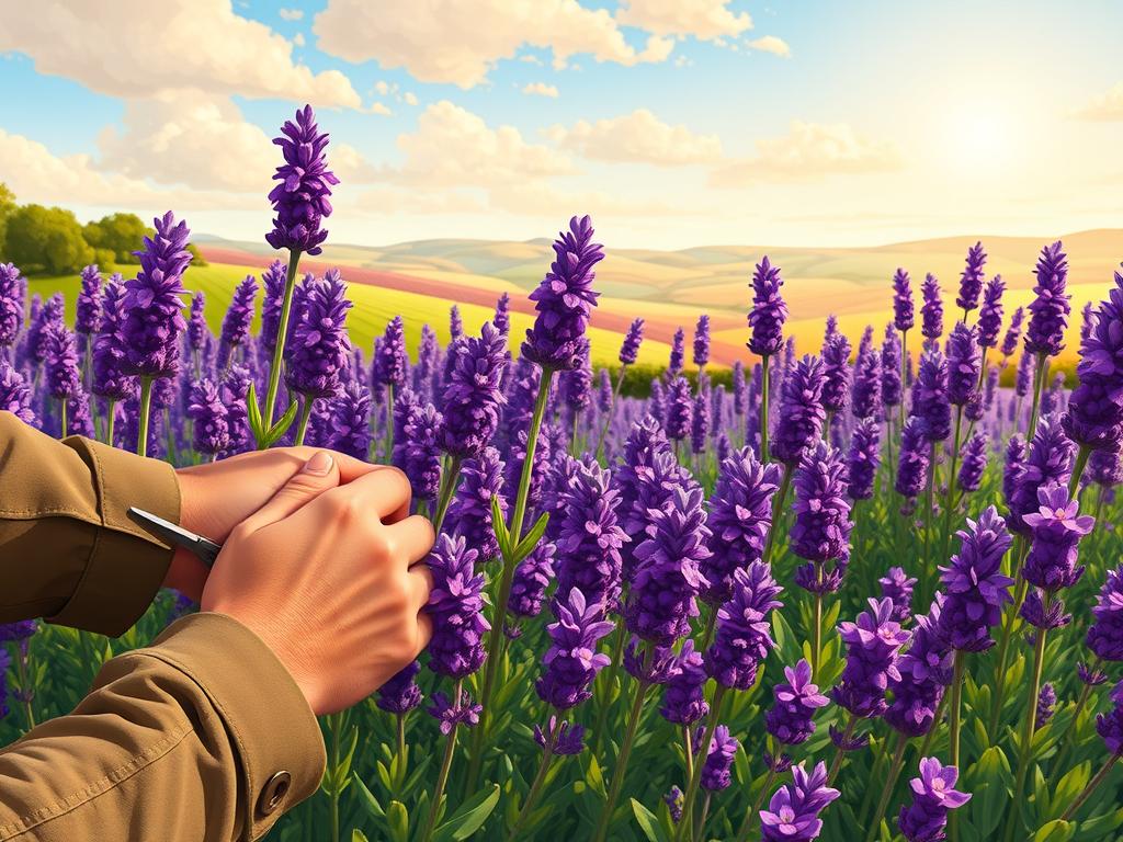 A lush garden brimming with vibrant lavender plants, their delicate purple blooms swaying gently in the warm spring breeze. In the foreground, a gardener's weathered hands tenderly prunes the lavender, ensuring its healthy growth. The middle ground showcases the plant's life cycle, from the early green leaves to the fully blossomed flowers. In the background, a picturesque countryside landscape unfolds, with rolling hills and a serene sky overhead, bathed in the golden glow of the afternoon sun. The scene conveys a sense of tranquility and the rhythmic cycles of nature, inviting the viewer to immerse themselves in the seasonal care and beauty of lavender.