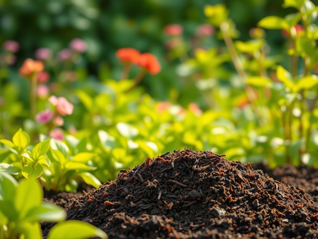 A lush garden filled with thriving plants, their leaves vibrant and healthy, nourished by the dark, nutrient-rich soil. In the foreground, a pile of worm castings glistens, surrounded by a shallow depth of field. The castings appear textured and earthy, their organic matter a testament to the benefits they provide. The background showcases a verdant backdrop, with soft, diffused lighting illuminating the scene, creating a warm and inviting atmosphere. The overall composition emphasizes the symbiotic relationship between worm castings and plant health, conveying the importance of this natural fertilizer for a flourishing garden.