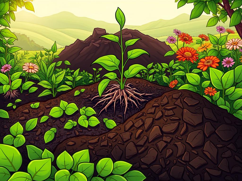 A lush garden scene with vibrant green foliage, showcasing the benefits of worm castings. In the foreground, a pile of rich, dark-colored worm castings, their texture and structure clearly visible. Surrounding the castings, a variety of healthy, thriving plants - from leafy greens to vibrant flowers. In the middle ground, a close-up view of a plant's root system, visibly nourished and strengthened by the worm castings. The background features a serene, sun-dappled landscape, with soft, diffused lighting that accentuates the natural beauty of the scene. The overall mood is one of abundant fertility, healthy growth, and the harmonious integration of the worm castings into the garden ecosystem.