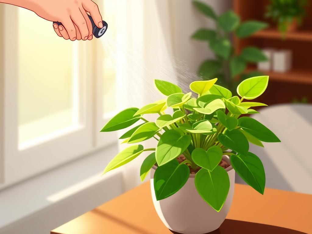 A lush, green peperomia plant in a ceramic pot is placed on a wooden table, bathed in soft, natural light streaming through a nearby window. The plant's thick, waxy leaves are gently being sprayed with a fine mist from a small hand-held mister, creating a sparkling, dewy effect. The camera angle is slightly elevated, capturing the act of watering the plant from an overhead perspective, emphasizing the delicate technique required for optimal hydration. The background is blurred, keeping the focus on the plant and the watering process. The overall mood is calm, serene, and instructive, reflecting the educational nature of the content.