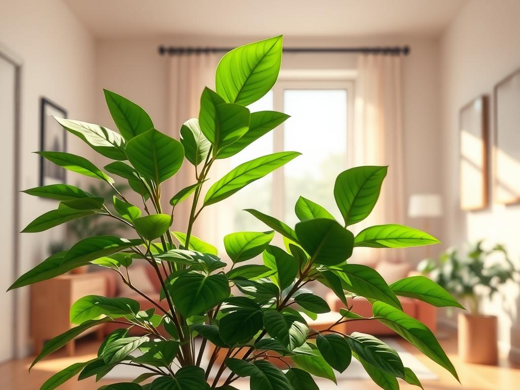 A lush, indirect-lit indoor scene featuring a flourishing Schefflera Arboricola plant. The plant is placed in the foreground, its vibrant, glossy green foliage catching the soft, diffused light filtering through a large window in the middle ground. The background depicts a cozy, minimalist living space with neutral-toned walls and subtle décor, creating a tranquil, serene atmosphere. The lighting is natural and atmospheric, with gentle shadows and highlights accentuating the plant's intricate leaves and graceful form. The composition is balanced, drawing the viewer's eye to the healthy, thriving Schefflera as the focal point.