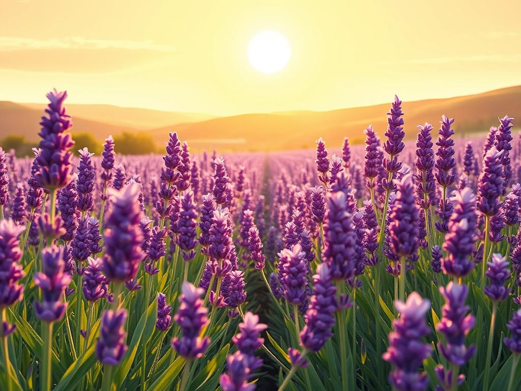A lush lavender field under a warm, golden afternoon sun. In the foreground, the delicate purple blooms sway gently in a soft breeze, their intoxicating aroma filling the air. The middle ground reveals rows of healthy, vibrant plants, their leaves a vibrant green. In the distance, a rolling hillside provides a natural backdrop, the lavender seamlessly blending with the landscape. The lighting is soft and diffused, casting a serene, ethereal glow over the entire scene. The perspective is slightly elevated, allowing the viewer to take in the full splendor of the lavender's optimal growth conditions.