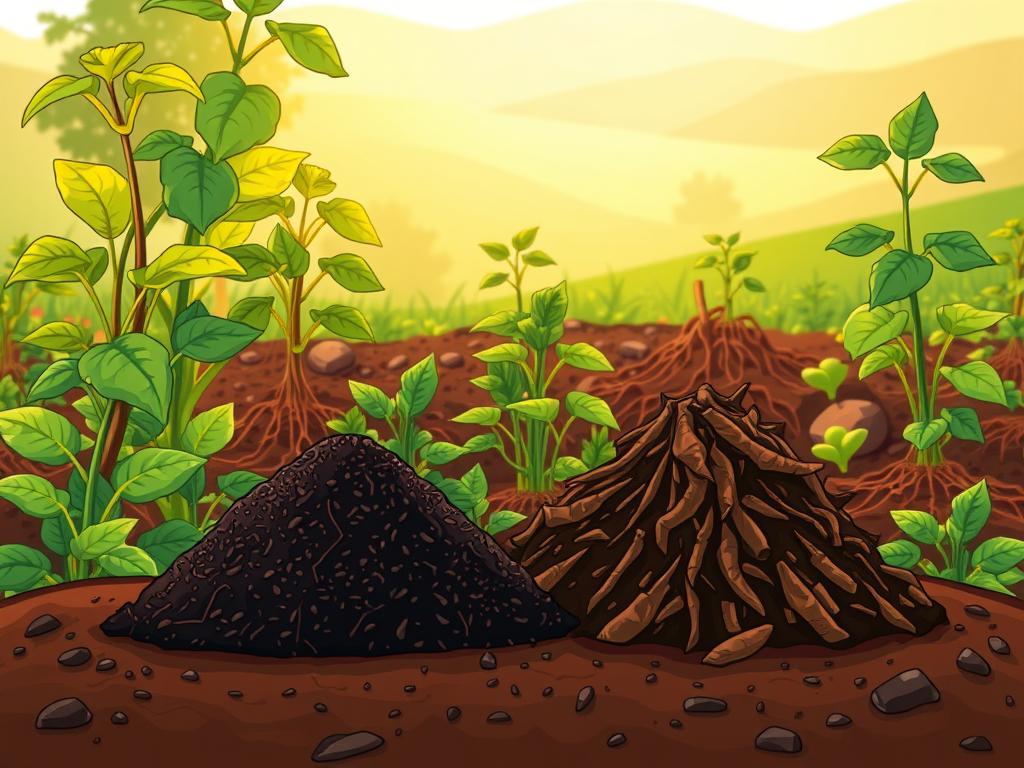 A lush, verdant garden scene with a central focus on a side-by-side comparison of worm castings and traditional compost. In the foreground, two distinct piles sit atop rich, dark soil - one a mound of dark, crumbly worm castings, the other a heap of decomposing organic matter in various stages of breakdown. The middle ground showcases thriving, vibrant plants, their roots intertwined with the nutrient-rich soils. Warm, natural lighting filters through the scene, casting a soft, earthy glow. The background fades into a blurred, tranquil landscape, hinting at the bountiful harvest to come. A sense of balance and harmony pervades the image, highlighting the complementary benefits of worm castings and traditional compost for optimal plant growth and soil health.