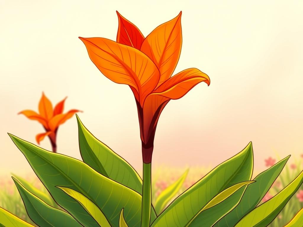 A lush, vibrant canna lily in full bloom, its large, tropical-looking leaves and striking orange-red flowers taking center stage against a soft, hazy background. The plant is positioned in the foreground, with a carefully tended garden bed visible in the middle ground, showcasing the ideal growing conditions for this resilient, summer-blooming perennial. The lighting is warm and natural, casting gentle shadows that accentuate the lily's intricate texture and form. The overall scene conveys a sense of seasonal abundance and the joys of cultivating a thriving, low-maintenance garden.