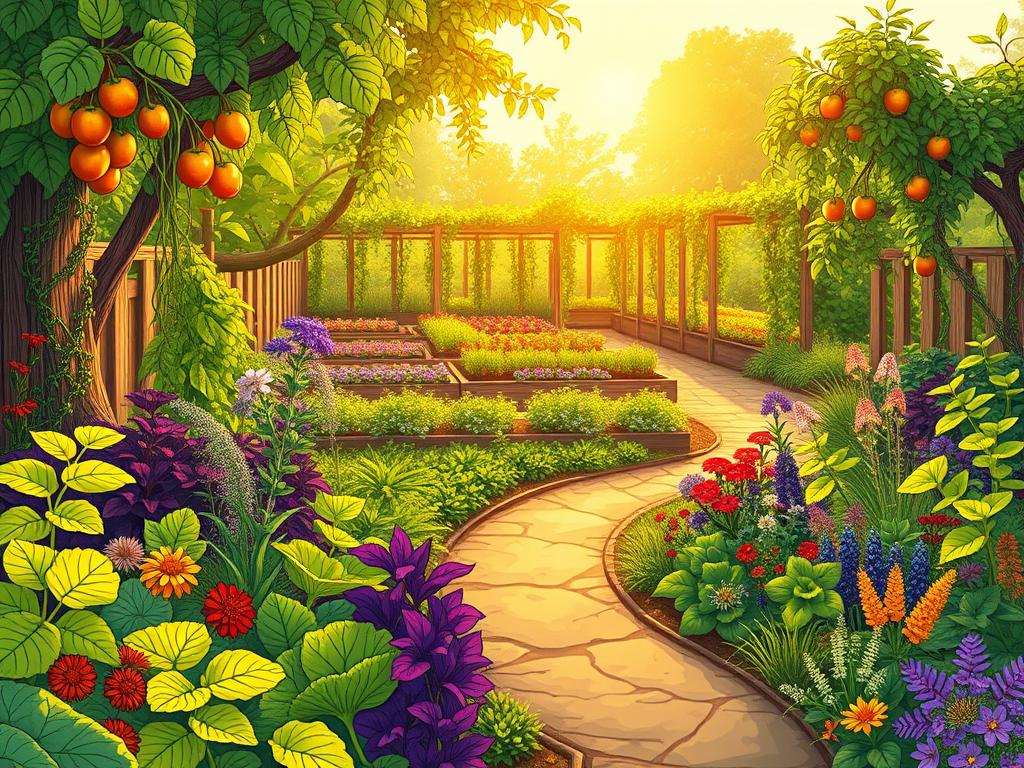 A lush, vibrant potager garden with a whimsical, edible landscape design. In the foreground, a variety of colorful vegetables and herbs, their leaves and flowers cascading over winding paths. The middle ground features raised garden beds of neatly organized, nourishing crops, surrounded by a mosaic of edible flowers. In the background, a verdant canopy of fruit trees and climbing vines, their branches heavy with ripening produce. Warm, golden sunlight filters through the foliage, casting a magical glow over the entire scene. The composition is framed by a rustic wooden fence, blending seamlessly with the natural, organic elements. This innovative potager garden plan transforms a home's outdoor space into a thriving, productive, and visually stunning edible landscape.
