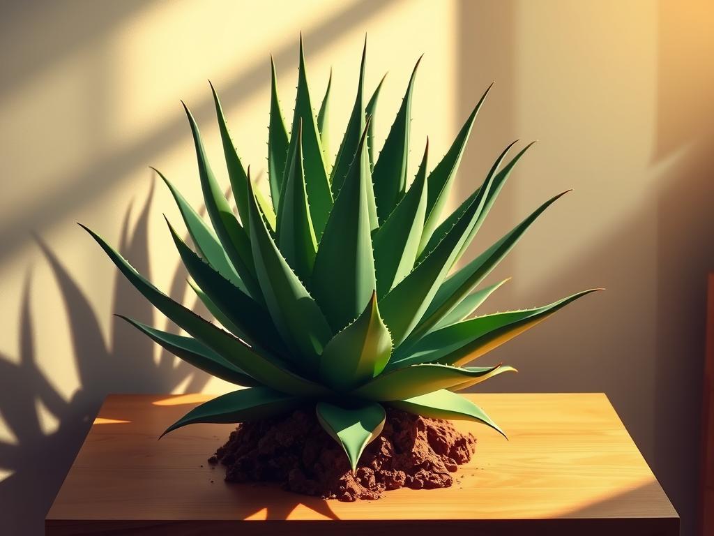 A lush, vibrant tiger aloe plant thriving under soft, diffused indoor lighting. The succulent's thick, spiky leaves cast dramatic shadows on the surrounding surfaces, creating a captivating interplay of light and form. The aloe is positioned on a wooden side table, its potting soil a rich, earthy hue. The scene is bathed in a warm, golden glow, emanating a sense of natural tranquility. Captured from a low angle, the image emphasizes the plant's graceful, sculptural qualities, inviting the viewer to appreciate the beauty and resilience of this resilient indoor companion.