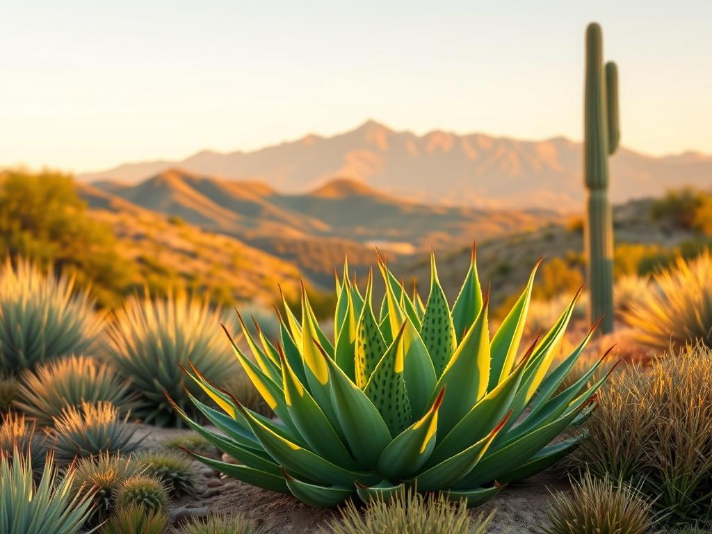 A lush, well-designed landscape featuring a stunning tiger aloe plant in the foreground. The aloe's vibrant green leaves and distinct patterning take center stage, surrounded by a harmonious arrangement of other desert-adapted succulents and native grasses. The middle ground features gently undulating hills, with a distant mountain range providing a breathtaking backdrop. The lighting is soft and warm, casting a golden glow over the entire scene, evoking a serene and inviting atmosphere. The composition utilizes a wide-angle lens to capture the breadth of the landscape, showcasing the tiger aloe's seamless integration into its natural environment.