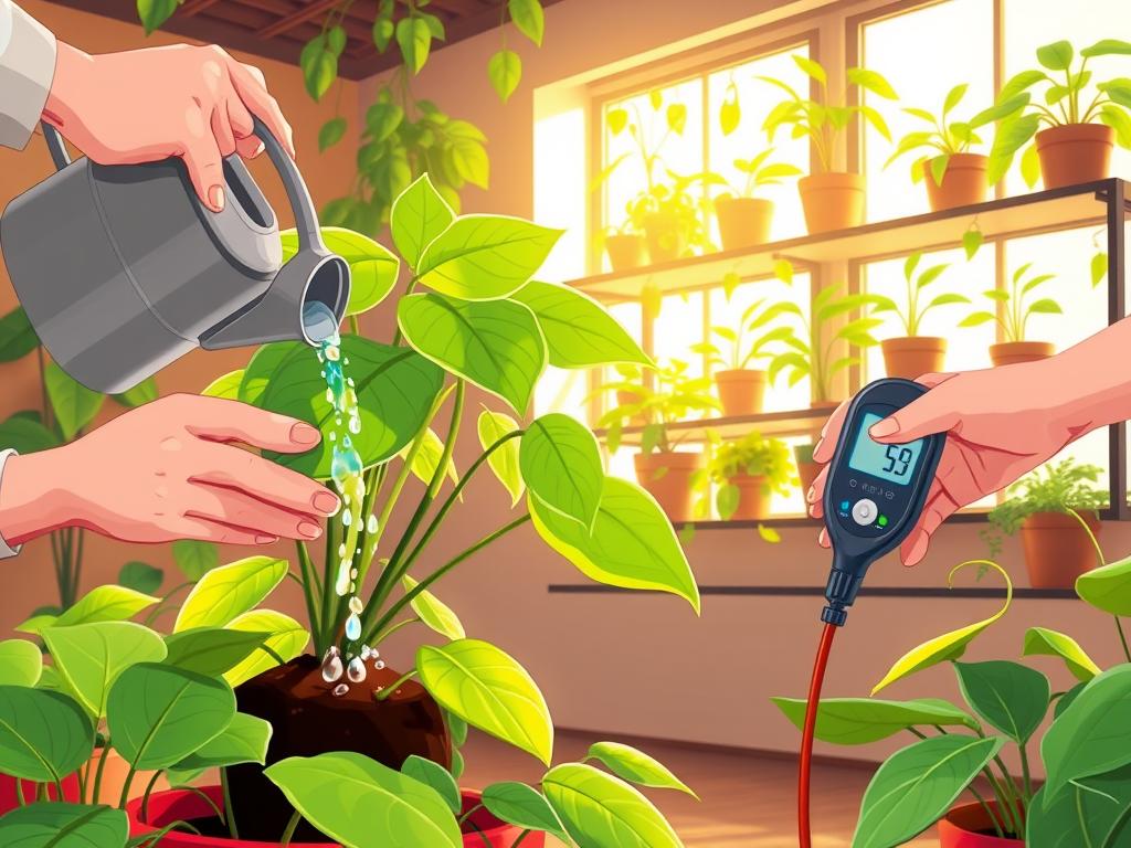 A lush, well-lit indoor plant scene showcases various pothos watering techniques. In the foreground, a person's hands gently pour water from a watering can onto the soil of a pothos plant, with water droplets glistening on the vibrant green leaves. In the middle ground, another person uses a soil moisture meter to precisely measure the plant's hydration level. The background features a wall-mounted shelving unit displaying a collection of pothos plants in different stages of growth, illuminated by warm, natural lighting streaming through large windows. The scene conveys a sense of expertise, care, and attention to detail in maintaining a thriving pothos collection.