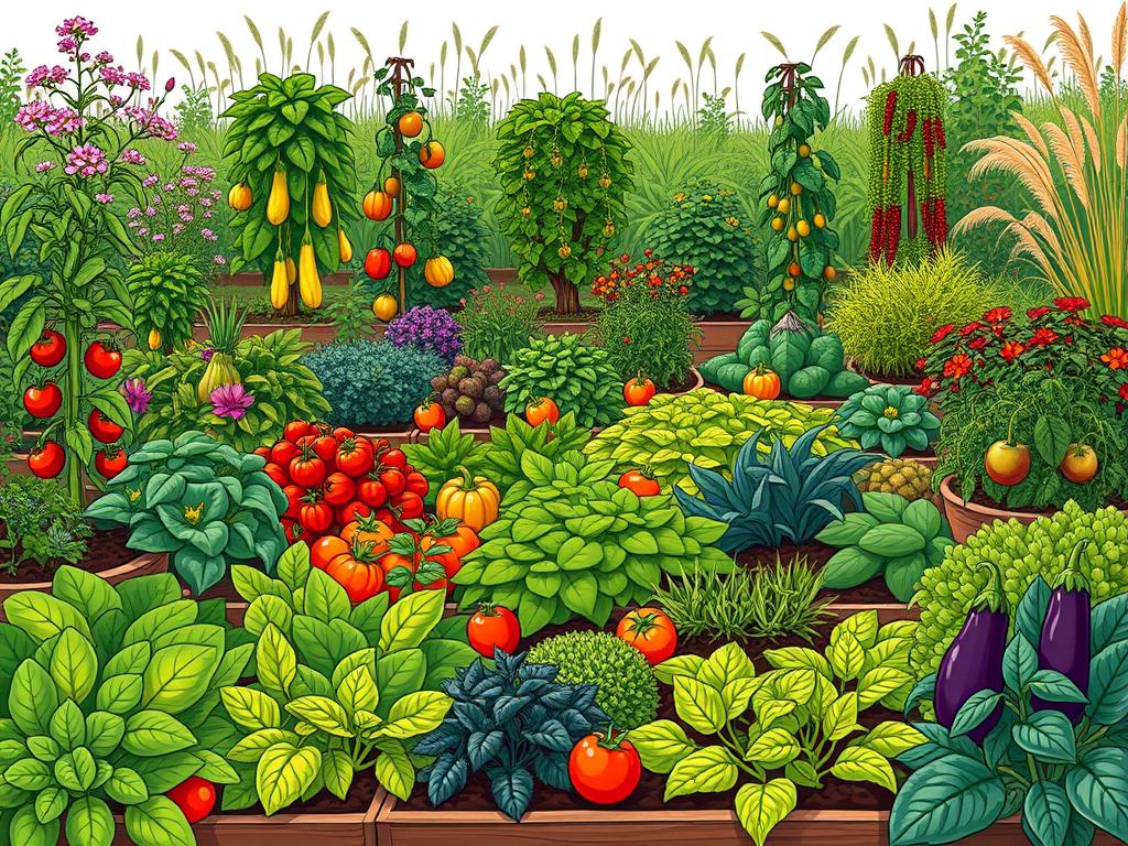 A lush, well-organized potager garden showcasing a vibrant array of edible plant varieties. In the foreground, a variety of leafy greens, herbs, and colorful vegetables like tomatoes, peppers, and eggplants are neatly arranged in raised beds. In the middle ground, trailing vines of squash and beans climb elegant trellises, while fruit-bearing bushes and dwarf fruit trees dot the scene. The background features a mix of flowering perennials and ornamental grasses, creating a harmonious and visually striking composition. The lighting is soft and natural, casting warm hues across the scene. The overall atmosphere is one of abundance, organization, and a celebration of the beauty and diversity of an edible landscape.