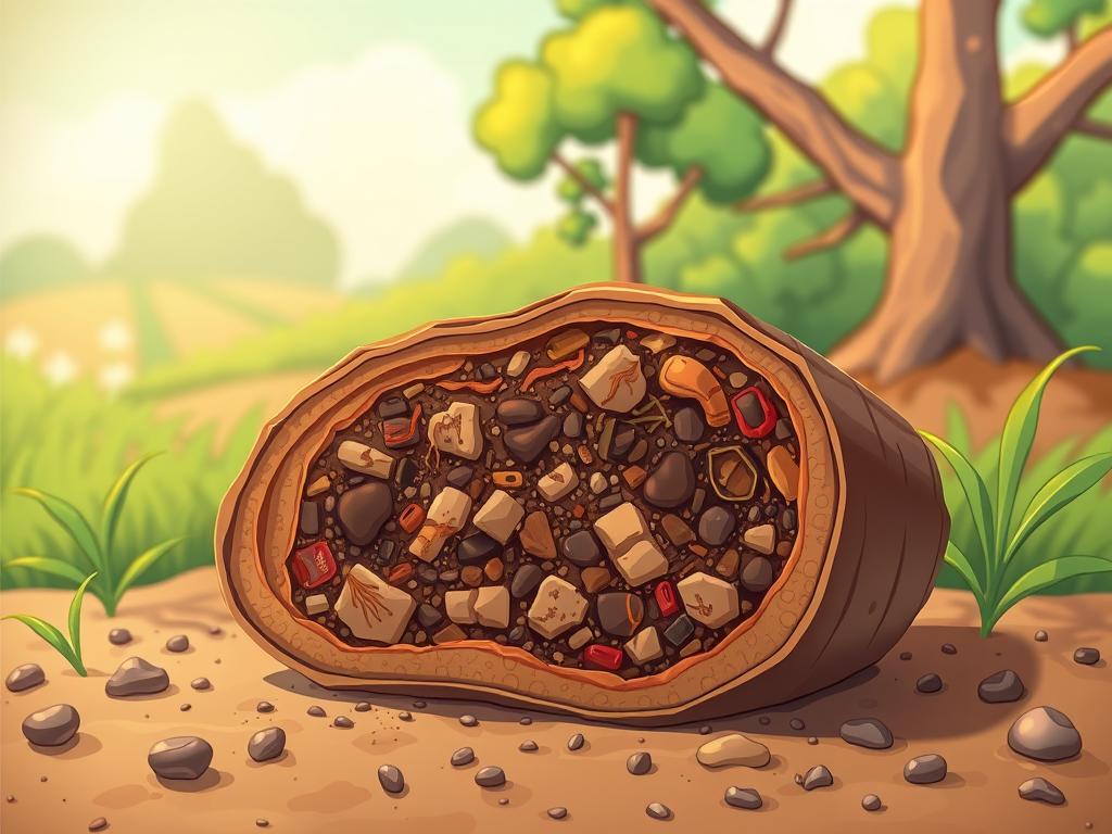 A microscopic cross-section of a worm casting, revealing its intricate structure and nutrient-rich composition. The foreground displays a detailed view of the casting's organic matter, soil particles, and decomposed plant material, teeming with beneficial microorganisms. The middle ground showcases the casting's role in enriching the soil, with roots and soil aggregates surrounding it. The background depicts a lush, verdant landscape, symbolizing the overall benefits of worm castings for plant growth and ecosystem health. Soft, warm lighting illuminates the scene, creating a serene and educational atmosphere. Captured with a high-resolution lens, the image conveys the scientific complexity and practical applications of this natural fertilizer.