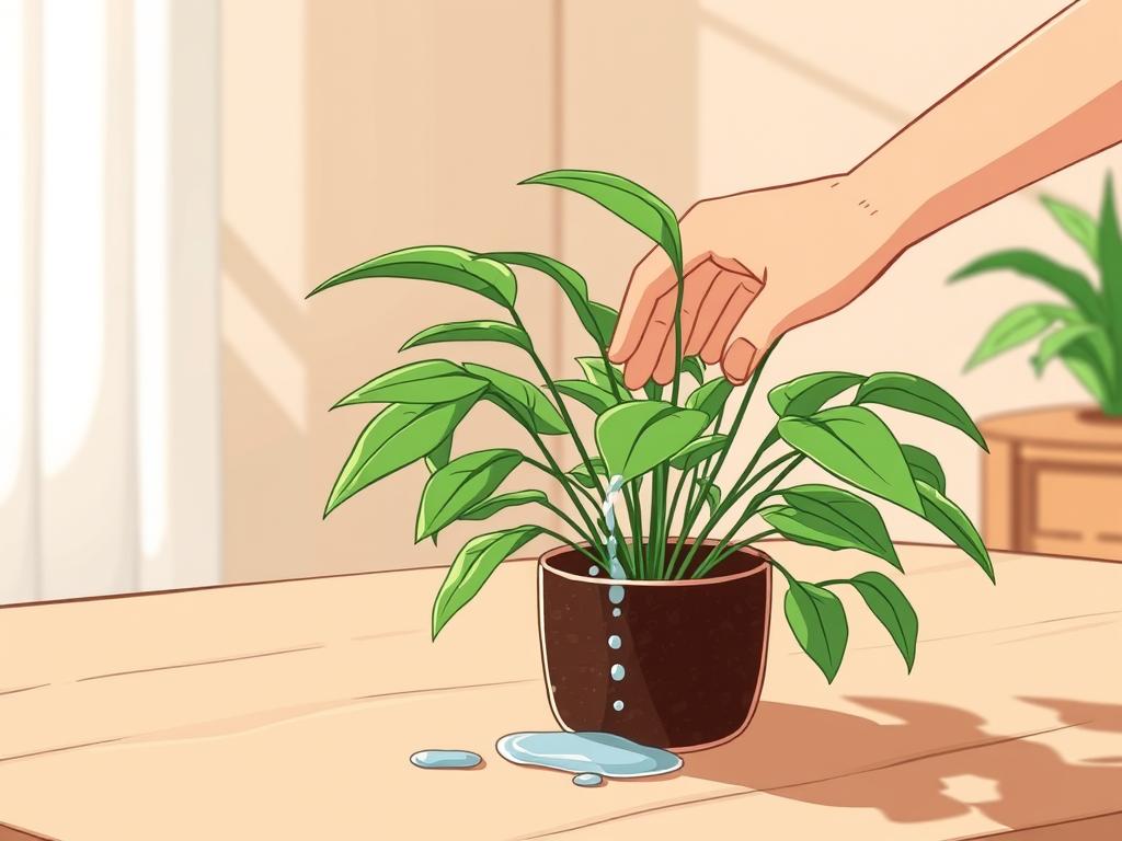 A neatly arranged table with a lush indoor plant, its leaves gently swaying in the soft natural light. In the foreground, a hand delicately waters the plant, the soil glistening with fresh moisture. The background features a subtle, warm-toned interior, complementing the vibrant green foliage. The scene conveys a sense of tranquility and care, as if guiding the viewer through the essentials of nurturing an arrowhead plant at home.