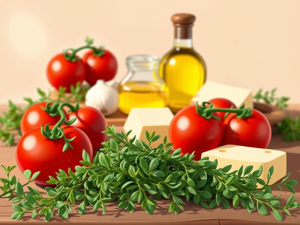 A richly-colored and detailed still life composition showcasing various culinary uses for fragrant Greek oregano. In the foreground, fresh oregano sprigs are arranged alongside complementary ingredients like tomatoes, olive oil, garlic, and Parmesan cheese. The middle ground features a rustic wooden board or platter, hinting at the versatility of this herb in everyday cooking. Soft, warm lighting casts gentle shadows, evoking the comforting aromas of a Mediterranean kitchen. The background features a neutral, earthy tone that allows the vibrant colors and textures of the oregano and accompaniments to take center stage. An inviting, appetizing scene that inspires the viewer to experiment with the unique flavor profile of Greek oregano.