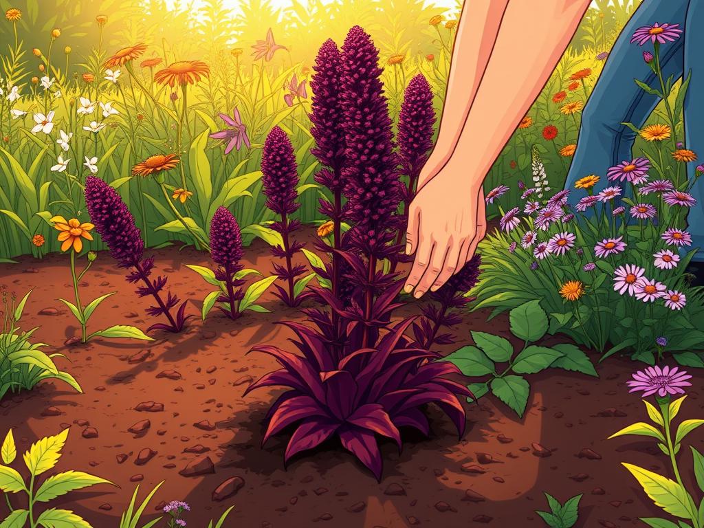 A serene garden scene, a gardener lovingly planting a lush, full-bodied Chocolate Joe Pye Weed. The plant's deep purple stems and burgundy-tinted foliage stand out against the rich, dark soil. Warm, golden sunlight filters through the surrounding greenery, casting a gentle glow. The gardener's hands tenderly place the plant, mindful of its delicate roots. In the background, a variety of native flowers and lush vegetation create a vibrant, pollinator-friendly backdrop. The entire composition radiates a sense of harmony and abundance, inviting viewers to immerse themselves in the joy of nurturing this captivating perennial.