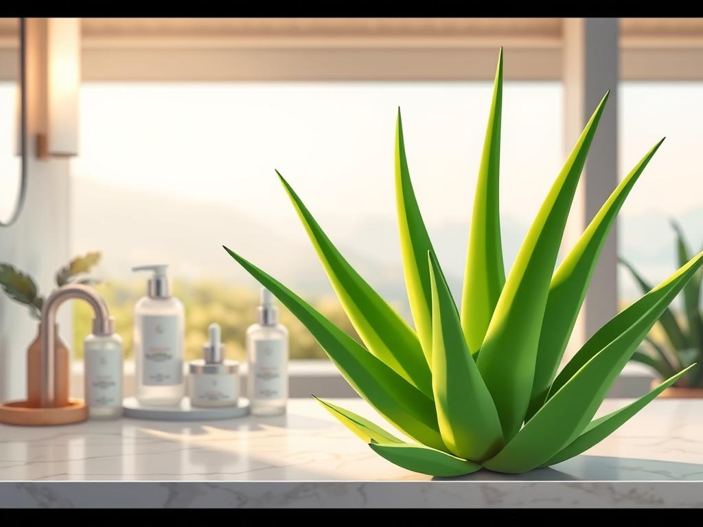 A serene, well-lit bathroom setting, with a marble vanity displaying an assortment of premium skincare products featuring a vibrant tiger aloe plant in the foreground. Soft, diffused lighting casts a warm glow, highlighting the plant's thick, succulent leaves and the luxurious textures of the surrounding products. In the middle ground, a clean, minimalist aesthetic with touches of natural wood and greenery, creating a calming, spa-like atmosphere. The background is blurred, hinting at a serene, natural landscape beyond the bathroom, emphasizing the restorative, nature-inspired theme. The overall composition conveys a sense of tranquility, elegance, and the thoughtful integration of tiger aloe into a holistic skincare routine.