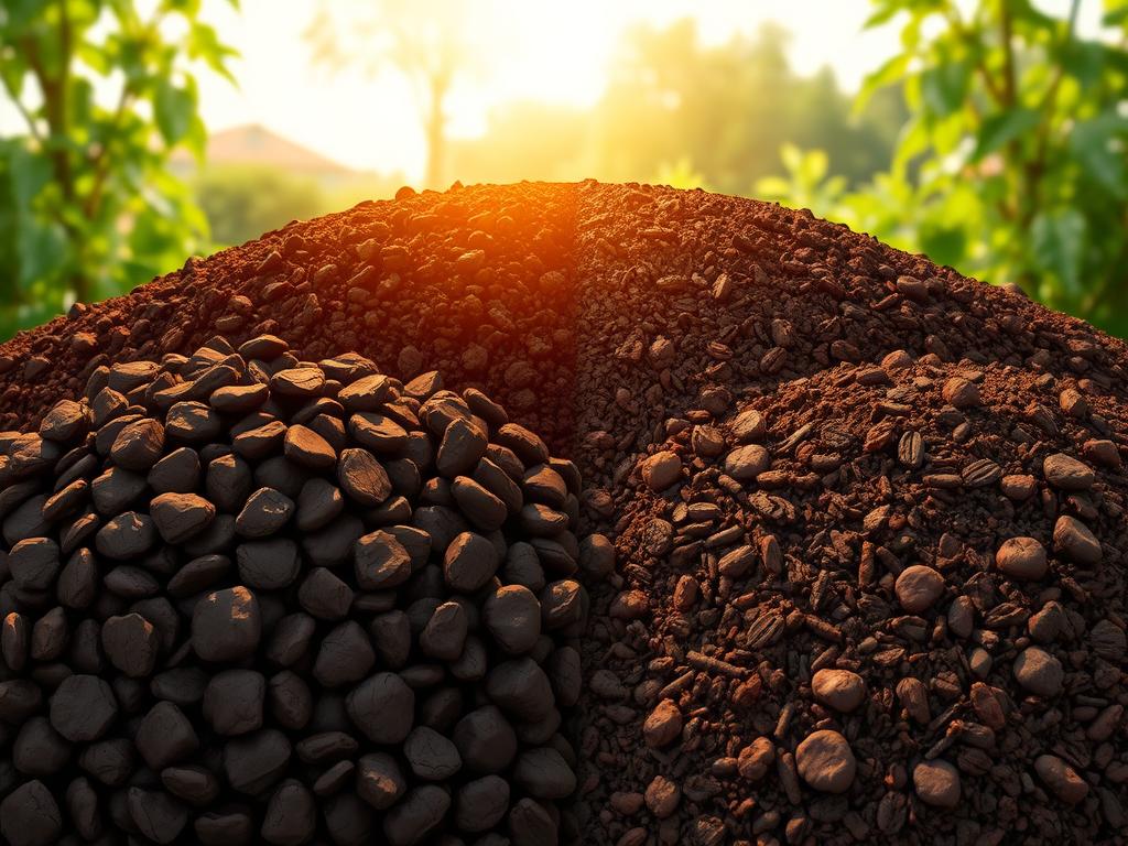 A side-by-side comparison of rich, dark worm castings and traditional compost. In the foreground, a pile of nutrient-dense worm castings, their irregular lumpy texture contrasting with the homogenous, finely-textured compost in the middle ground. Sunlight filters through, casting warm, golden highlights on the organic materials. In the background, lush greenery and a tranquil outdoor scene, conveying the natural, earthy essence of these soil amendments. The image should effectively illustrate the visual differences between these two soil-enriching substances, highlighting the unique properties of worm castings.