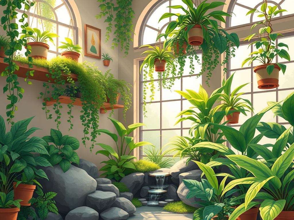 A sun-dappled, cozy indoor plant environment. Lush, vibrant foliage of various shades of green cascading from shelves and hanging baskets. Plush, moss-covered rocks and a small, burbling fountain create a serene, natural ambiance. Soft, diffused lighting filters through large, arched windows, illuminating the scene. A mix of trailing, upright, and broad-leafed houseplants arranged in an artful, harmonious composition. Delicate ferns, glossy-leaved Peperomia, and other thriving indoor species come together to form a rejuvenating, tranquil oasis.