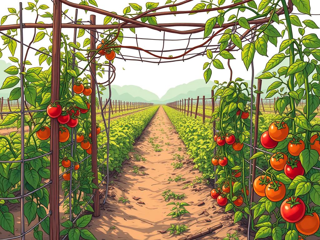 A sun-dappled garden bursting with lush, indeterminate tomato plants, their twisting vines supported by a sprawling network of sturdy, intertwining structures. In the foreground, slender wooden stakes and wire cages create a delicate lattice, guiding the tomatoes' cascading growth. Midground, repurposed materials like woven branches and recycled trellises form an organic, meandering framework. Distant rows of tomato plants recede into the background, their verdant foliage illuminated by soft, diffused light. An aura of abundant, season-long potential permeates the scene, hinting at the bountiful harvest to come.