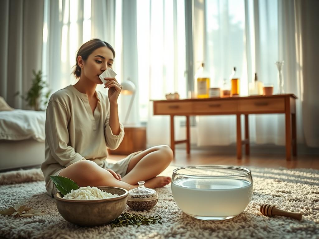 A tranquil bedroom scene, soft evening light spilling in through sheer curtains. In the foreground, a woman sits cross-legged on a plush rug, gently massaging her face with a cotton pad soaked in a milky, translucent liquid - homemade rice water toner. Surrounding her, an assortment of natural skincare ingredients like rice grains, green tea leaves, and a ceramic bowl. In the middle ground, a wooden vanity holds an array of elegant glass bottles and jars. The background is hazy, evocative of a cozy, relaxing atmosphere conducive to a simple, mindful skincare routine.
